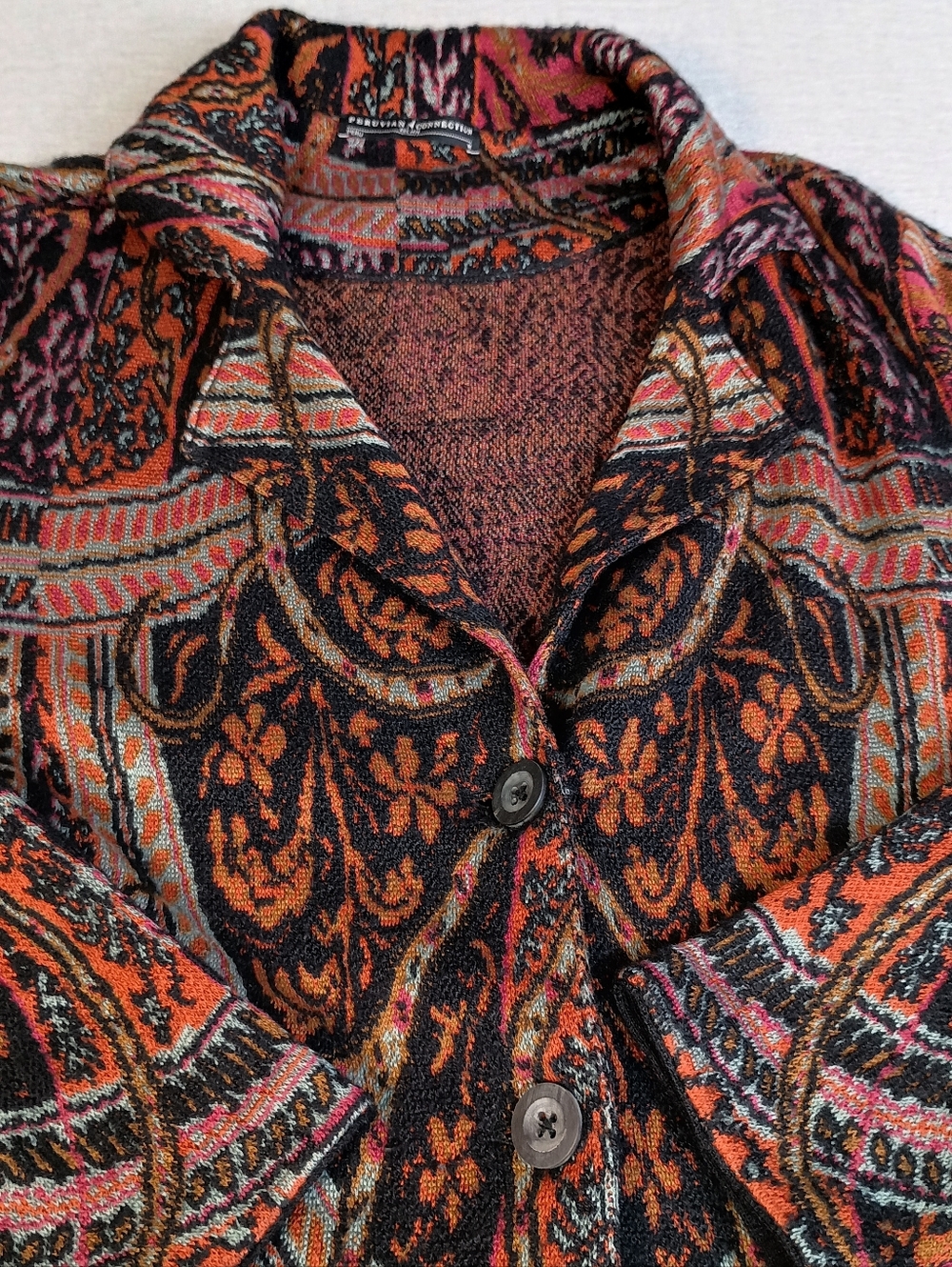 Peruvian Connection M Paisley Tribal Alpaca Wool Sweater Cardigan FLAW HOLES - Picture 8 of 10